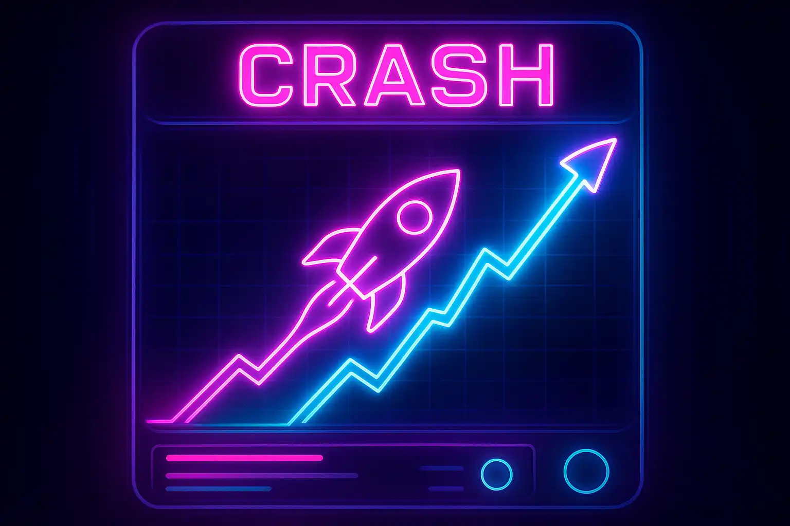 Neon crash game graph climbing with a rocket icon over an arcade dashboard