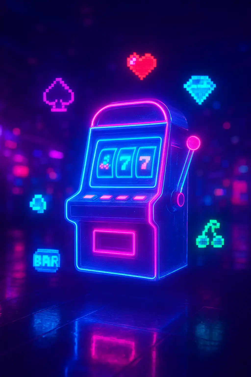 Holographic neon slot machine with glowing arcade symbols in a futuristic gaming hall
