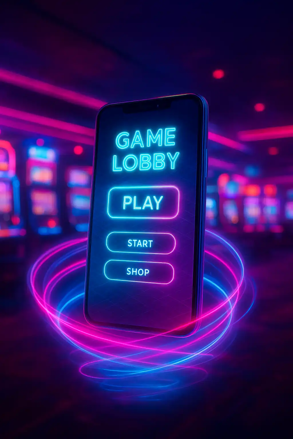 Smartphone displaying a neon arcade casino lobby with glowing game icons