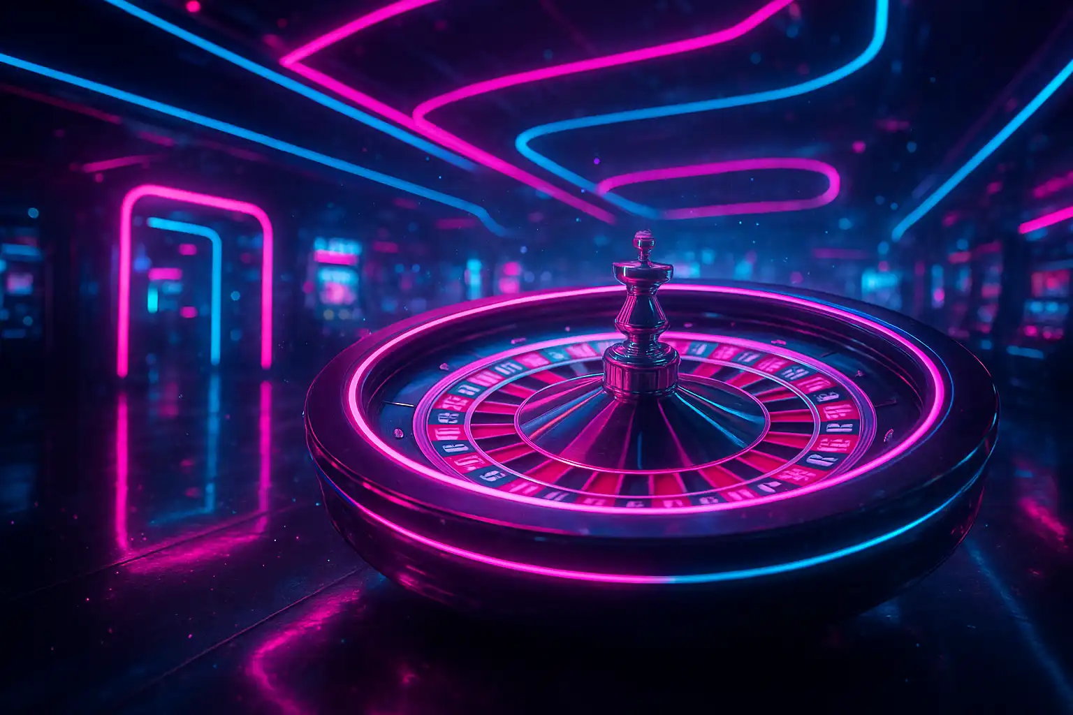 Neon-lit roulette wheel spinning inside a futuristic arcade casino