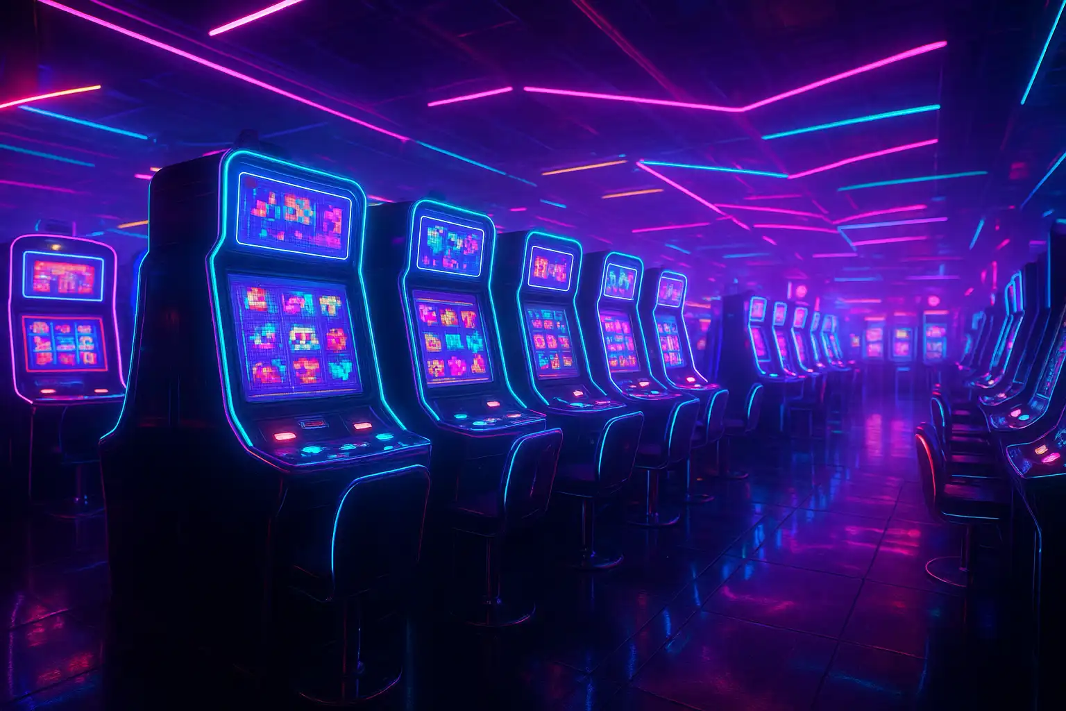 Holographic neon slot machine hall with glowing arcade symbols